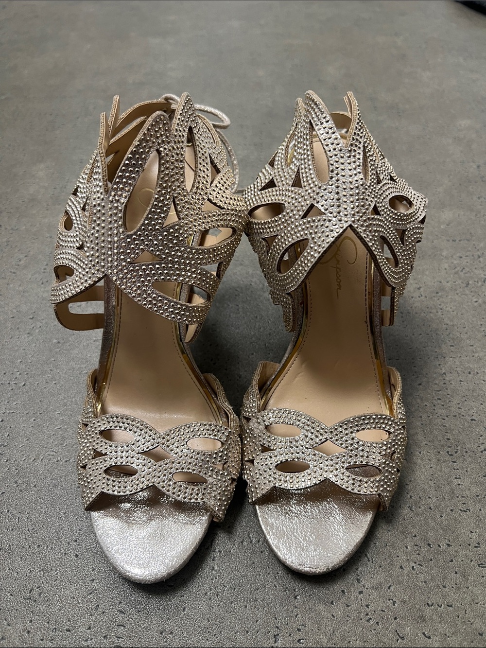 Jessica Simpson Champagne Crystal Cutout Heeled Sandals